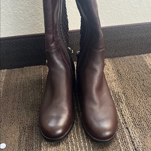 Cole Haan Idina Brown Stretch Leather Riding Boots with Chain Detail - Picture 7 of 11